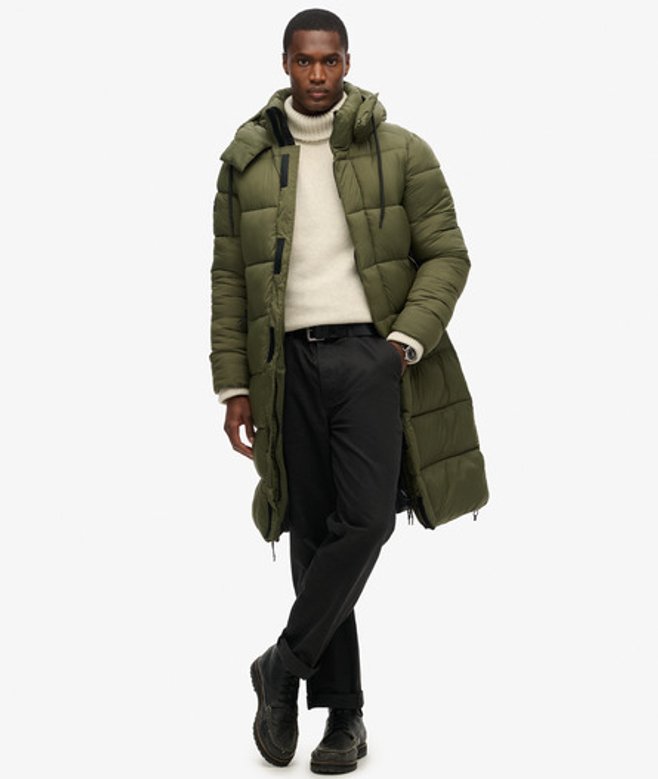 Superdry Men&rsquo;s Ripstop Long Puffer Coat Green / Dark Moss Green Grid - Size: S