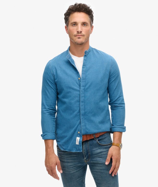 The Merchant Store - Indigo Kraagloos Overhemd Blauw Grootte: M afbeelding