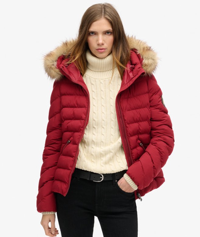 Gewatteerde Fuji-jas met Capuchon van Imitatiebont Rood Grootte: 34 afbeelding