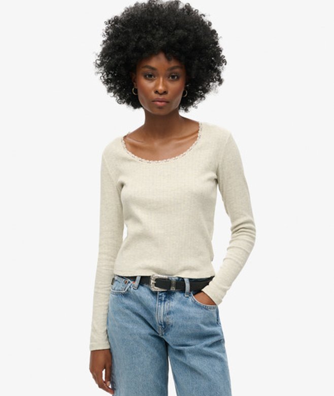 Geribde Essential top met Lange Mouwen en Kant