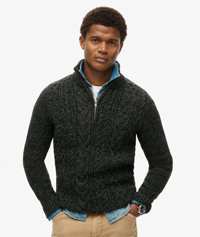Superdry Gebreide Jacob Kabeltrui met Halve Rits Zwart