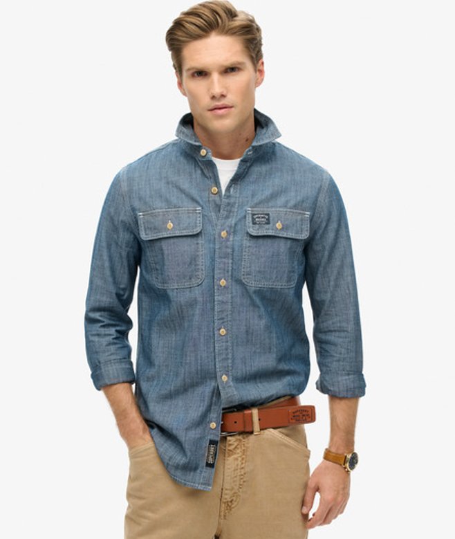 Superdry Herren Workwear Langarmhemd aus Baumwolle Blau