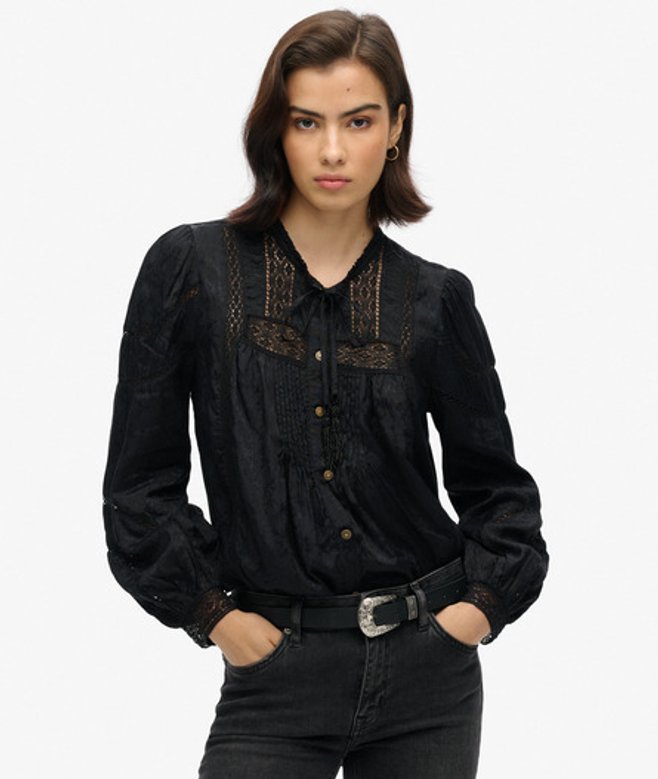 Geweven Blouse met Kant en Lange Mouwen Zwart Grootte: 42 afbeelding