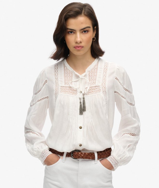 Geweven Blouse met Kant en Lange Mouwen Wit Grootte: 40 afbeelding