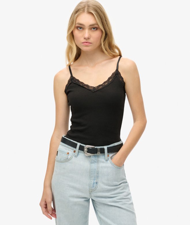 Superdry Women's Athletic Essential Lace Trim Cami Top Black / Bison Black