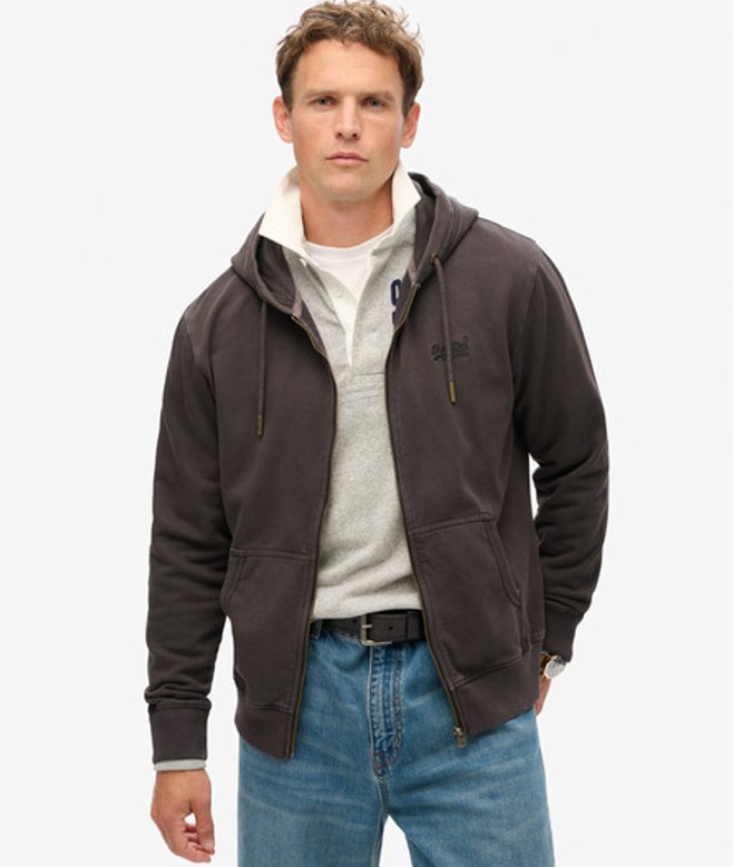 Essential Logo Washed Hoodie met Rits Bruin Grootte: L afbeelding