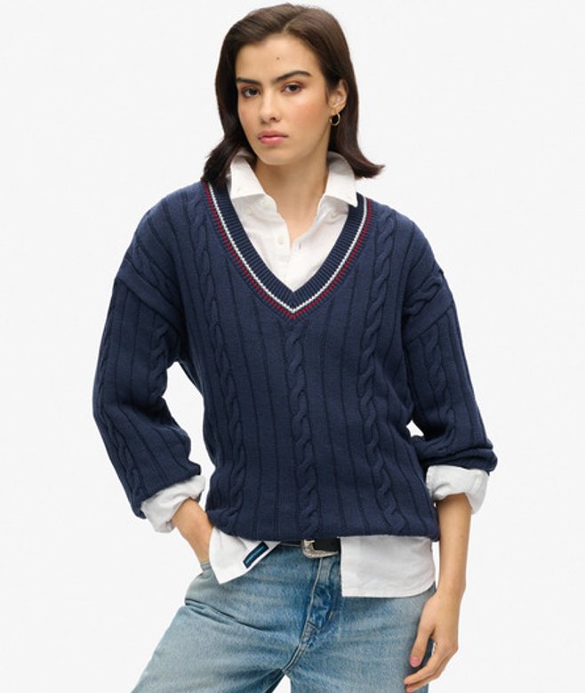 Superdry Damen Cricket Strickpullover in Übergröße mit V-ausschnitt Marineblau - Größe: 38-40