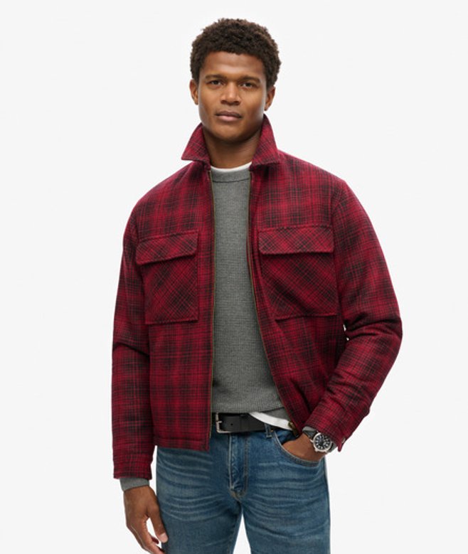 Superdry Men's Surplus Wool Check Zip Through Overshirt Red / Haze Scarlett Ombre - Size: XS