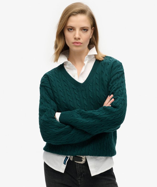 Superdry & Co Women's Oversized V Neck Cable Knit Jumper Green / Dark Pine Green
