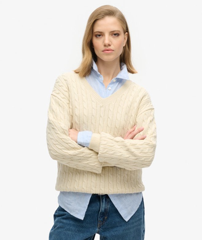 Superdry & Co Women's Oversized V Neck Cable Knit Jumper Cream / Oatmeal Beige