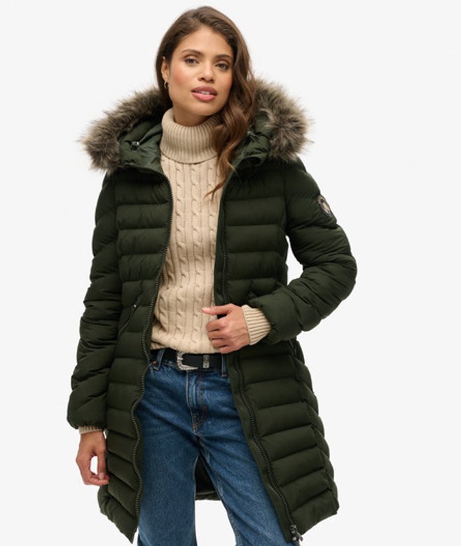 Damen Mittellanger Fuji Steppmantel mit Kapuze aus Kunstfell - Größe: 42 - Superdry - Modalova