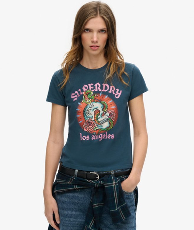 Tattoo Rhinestone Getailleerd T-shirt Blauw Grootte: 36 afbeelding
