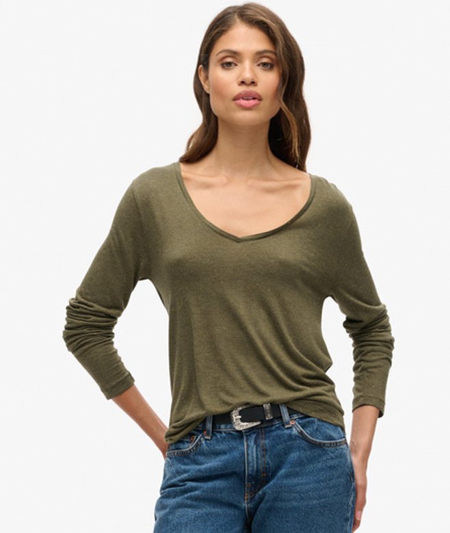 Jersey top met V-hals en Lange Mouwen Khaki Grootte: 40 afbeelding