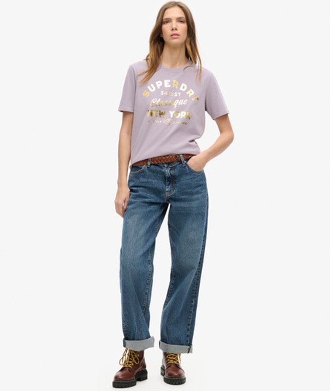 Superdry Women's Luxe Metallic Logo Relaxed T-shirt Purple / Brassica Lilac
