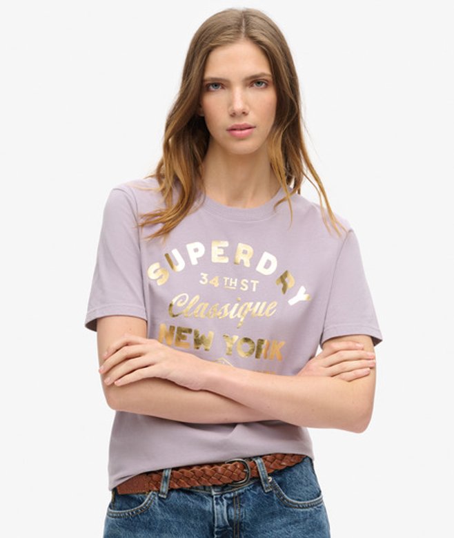 Luxe T-shirt met Metallic Logo en Relaxte Pasvorm Paars Grootte: 40 afbeelding