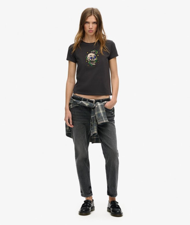 Superdry & Co Women's Small Tattoo Rhinestone Fitted T-shirt Black / Bison Black