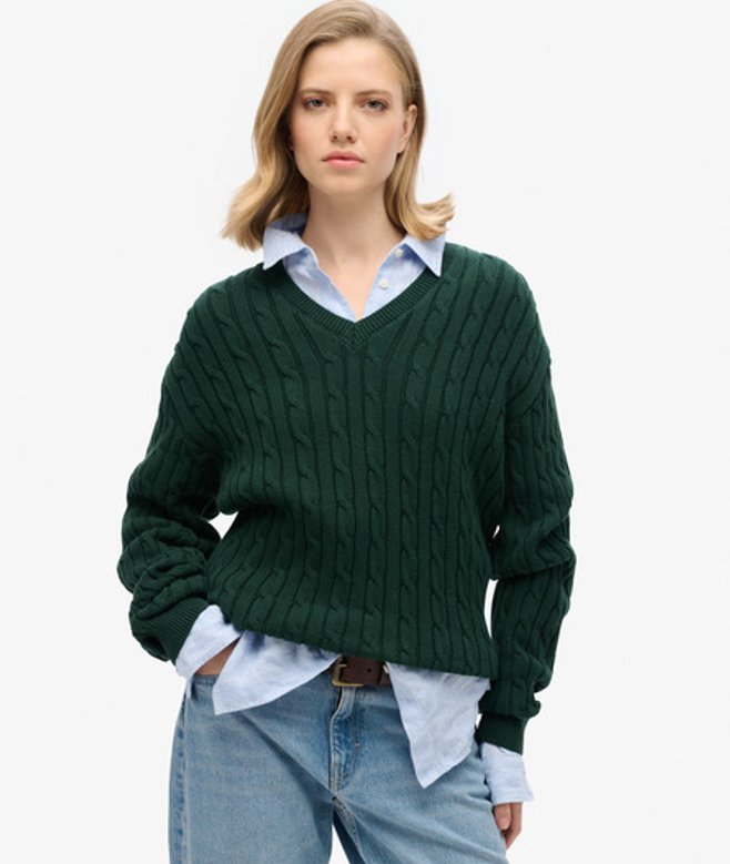 Oversized Kabeltrui met V-hals Groen Grootte: 38-40 afbeelding