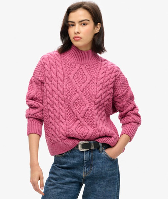 Gebreide Aran Kabeltrui met Polokraag Roze Grootte: 38 afbeelding