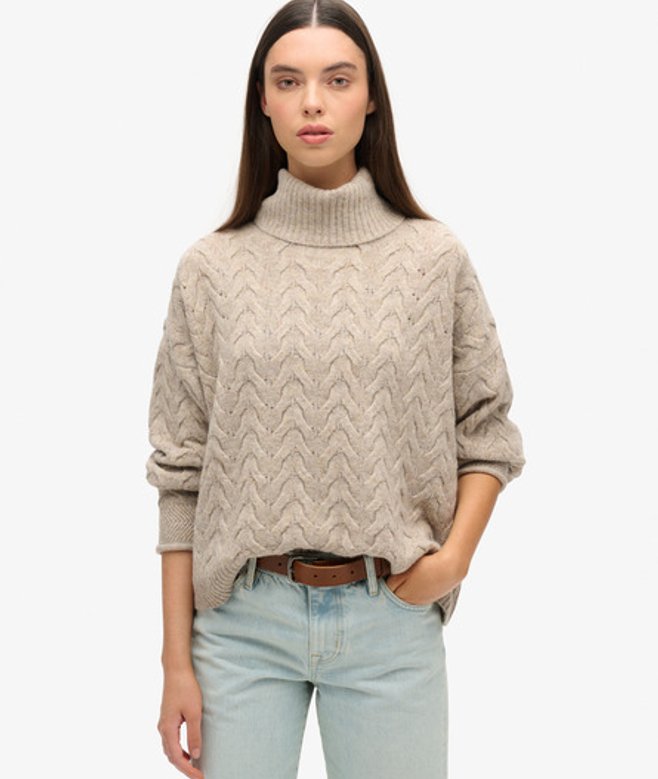 Superdry Lichtgewicht Kabeltrui met Rolkraag Beige