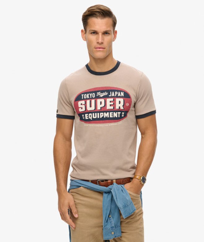 Workwear T-shirt met Print en Contrasterende Bies Beige Grootte: M afbeelding