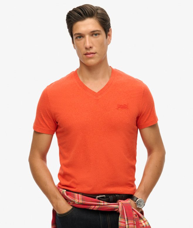 Essential T-shirt van Biologisch Katoen met V-hals en Logo Oranje Grootte: M afbeelding
