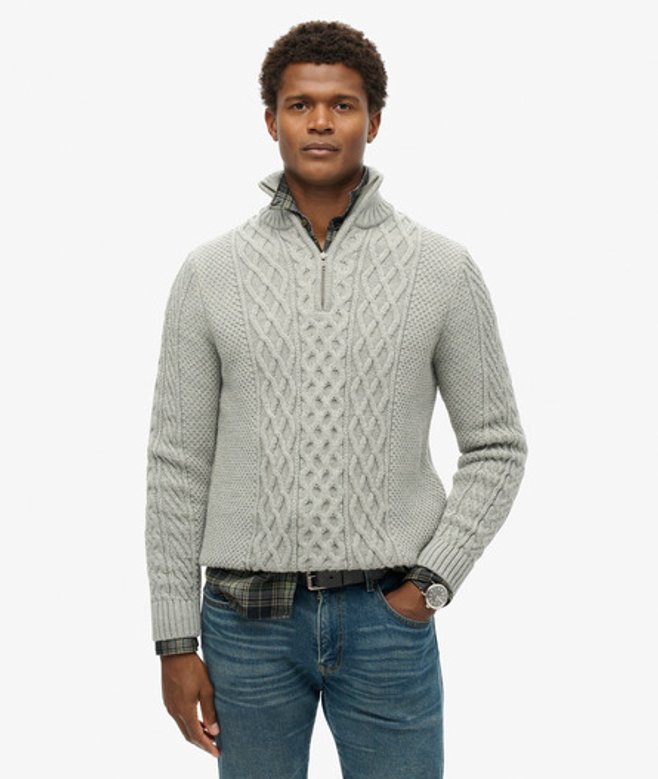 Superdry Gebreide Jacob Kabeltrui met Halve Rits Lichtgrijs