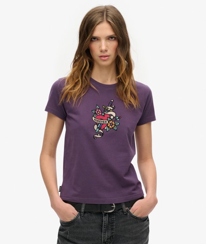 Damen Figurbetontes Tattoo-T-Shirt mit Kleinem Strassbesatz Grafikdruck, Größe: 42 - Superdry - Modalova