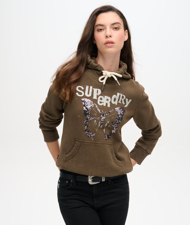 Superdry Versierde Punk Hoodie met Print Khaki
