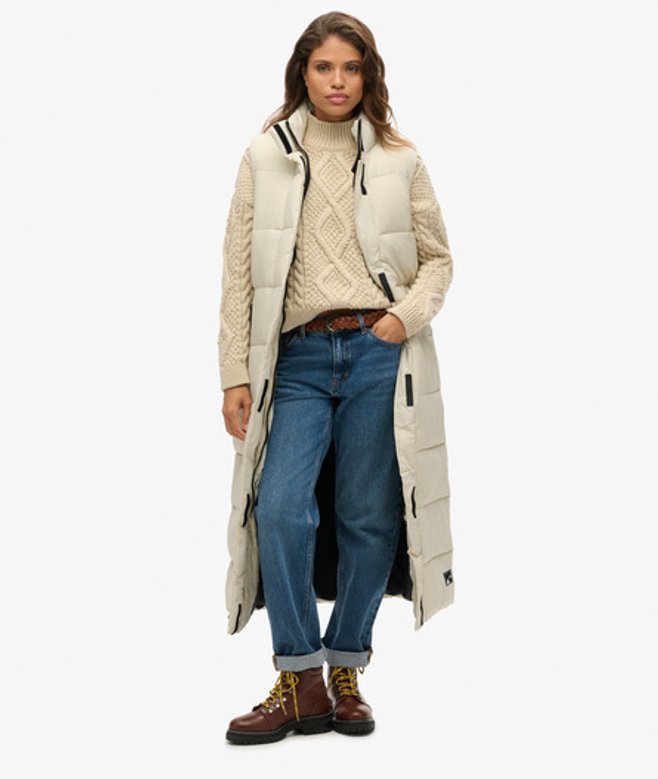 Lange Pufferbodywarmer van Ripstopmateriaal Beige Grootte: 42 afbeelding