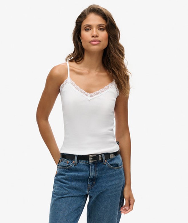 Débardeur Caraco côtelé en coton bio à liseré en dentelle femme Superdry Vintage - vue 2