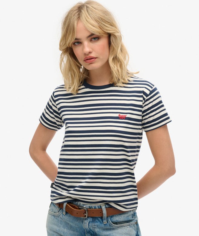 Superdry Damen Marineblau und Weiß Figurbetontes Essential T-Shirt mit Logo Gestreift, Größe: 38