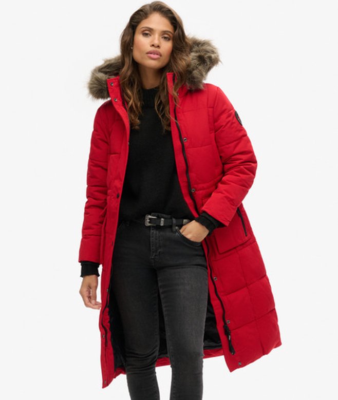 Superdry Damen Langer Everest Steppmantel Rot - Größe: 36