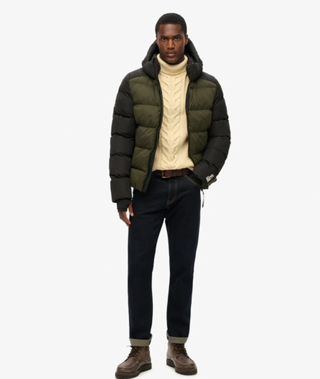 Superdry Herren Schwarz und Kaki Sport Steppjacke in mit Kapuze Blockfarben, Größe: M