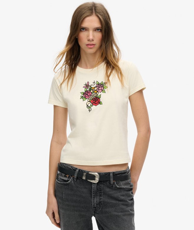Klein Getailleerd Tattoo T-shirt met Stras Crème Grootte: 38 afbeelding