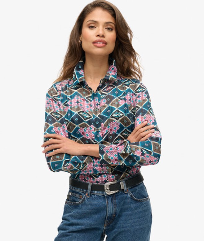 Doorschijnende Blouse met Glitterprint Blauw Grootte: 40 afbeelding