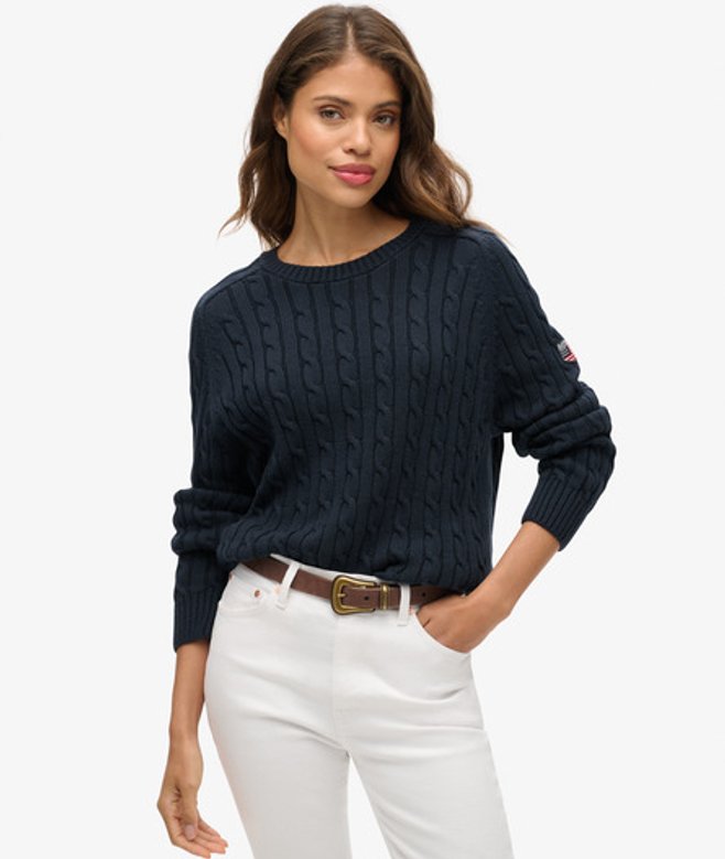 Superdry Wijdvallende Gebreide Kabeltrui Blauw