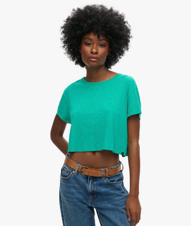 Superdry Ladies Classic Logo Patch Slouchy Cropped T-Shirt, Green
