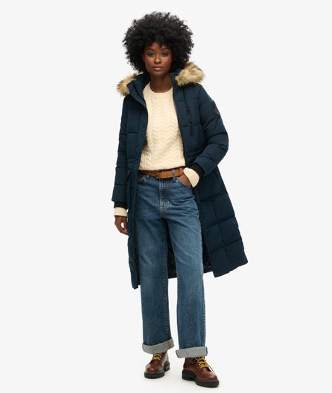 Superdry Damen Langer Everest Mantel mit Kunstfellbesatz Marineblau