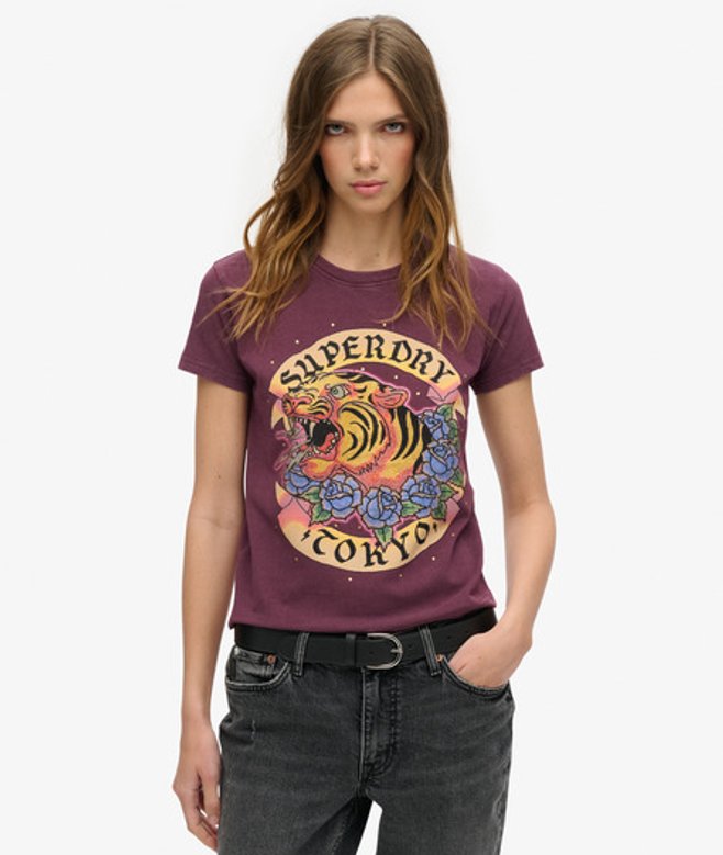 Damen Figurbetontes Tattoo-t-shirt mit Strassbesatz - Größe: 42 - Superdry - Modalova