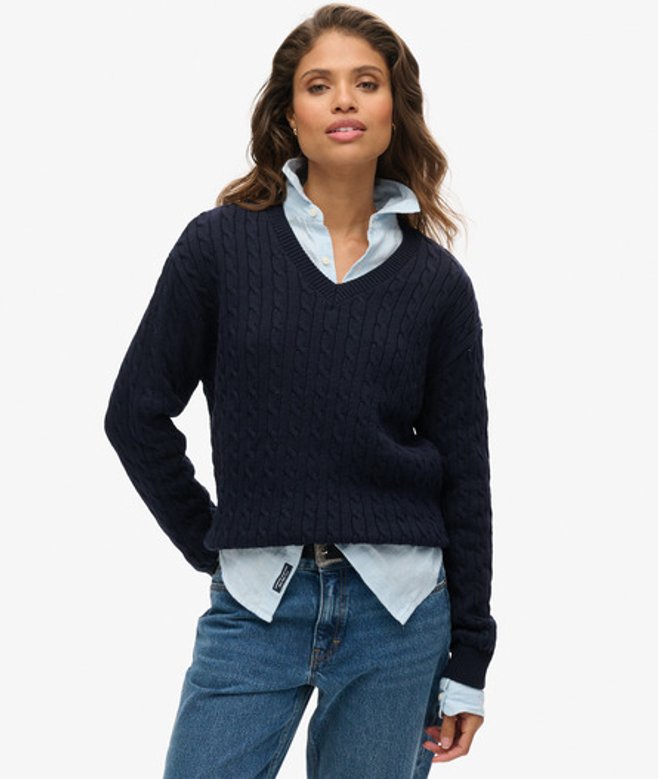 Superdry Oversized Kabeltrui met V-hals Blauw