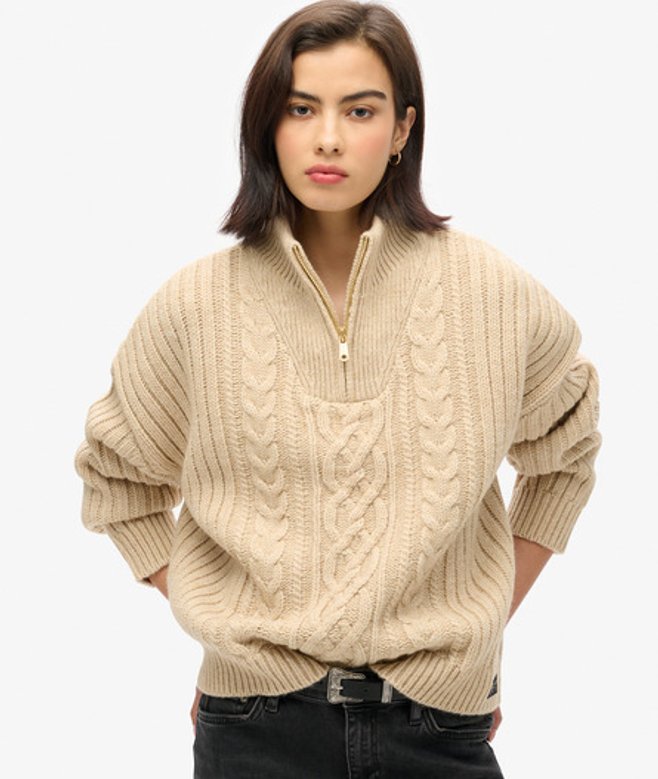 Superdry Kabeltrui met Rits aan de Hals Beige