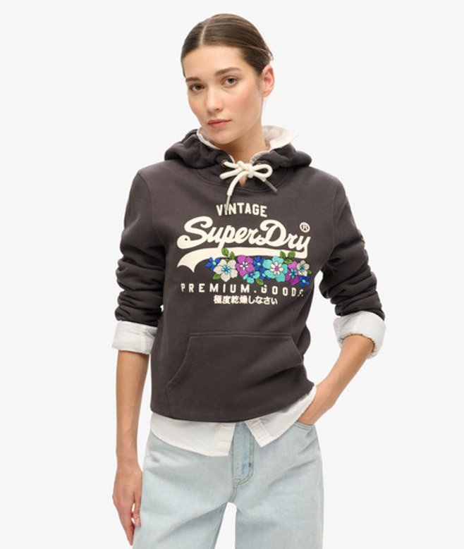 Superdry Premium Gebloemde Hoodie met Vintage Logo Zwart