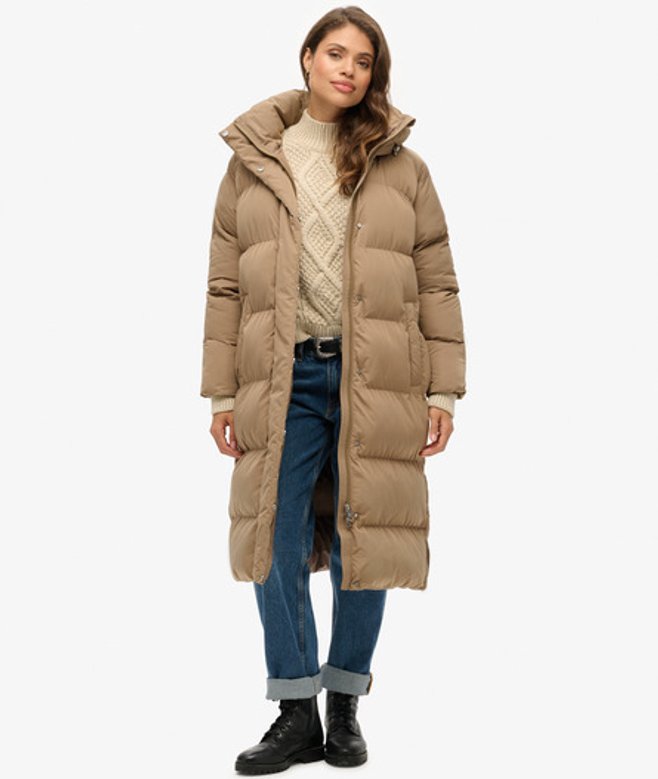 Superdry Lange Pufferjas met Capuchon Brown