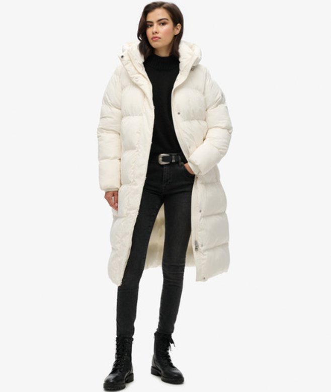 Superdry Women's Longline Hooded Puffer Coat White