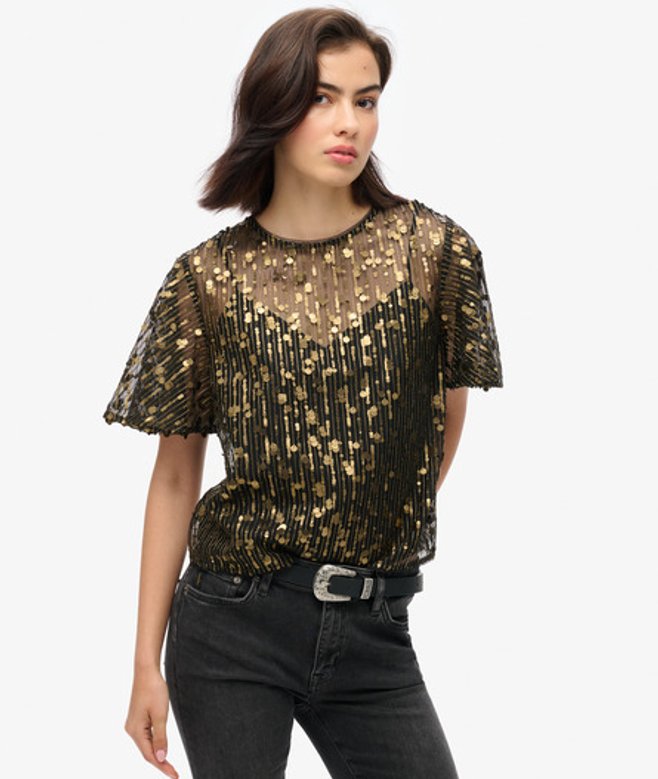 Transparante top met Pailletten en Korte Mouwen Goud Grootte: 38 afbeelding