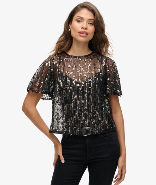 Transparante top met Pailletten en Korte Mouwen Lichtgrijs Grootte: 44 afbeelding