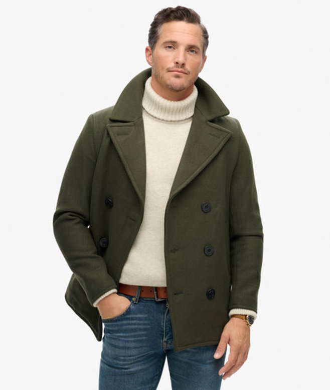 Superdry Men's The Merchant Store - Wool Blend Pea Coat Green / Dark Moss Green