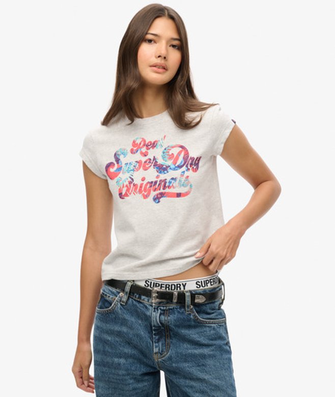 T-shirt met Kapmouwen, Bloemenprint en Tekst Grijs Grootte: 40 afbeelding