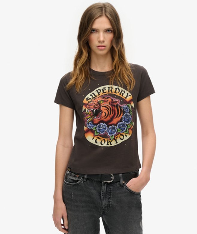 Tattoo Rhinestone Getailleerd T-shirt