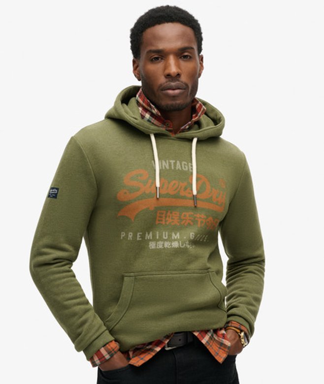 Superdry Premium Goods Hoodie met Vintage Logo en Capuchon Khaki